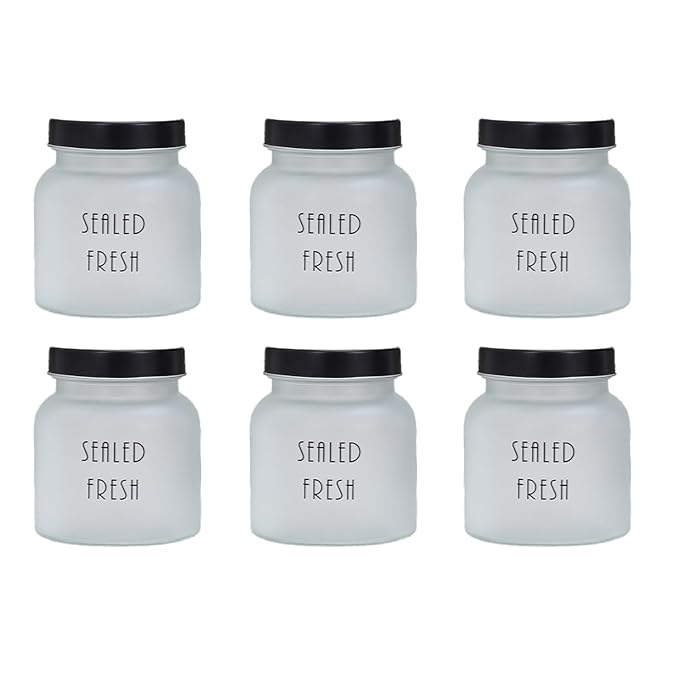 Kitchen Storage Jars Frosted Glass Jar With Steel Lid Air Tight Jar, 700 ml, Pack of 6, Black Lid