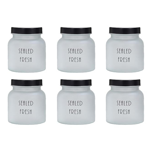 Kitchen Storage Jars Frosted Glass Jar With Steel Lid Air Tight Jar, 700 ml, Pack of 6, Black Lid