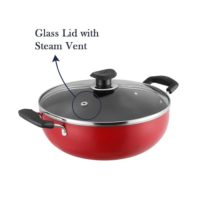 Non Stick Deep Kadhai with Glass Lid - 3.1 L, 24 cm, 3 mm Thick, 3 Layer Coating