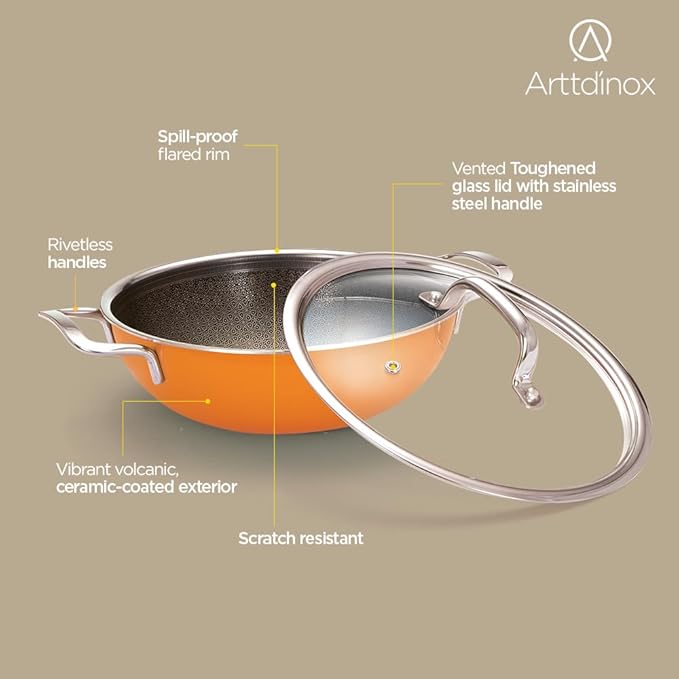 Triply Stainless Steel Kadai, Non Stick Kadhai, Kadai With Lid for Cooking, Induction Kadai, 24 cm