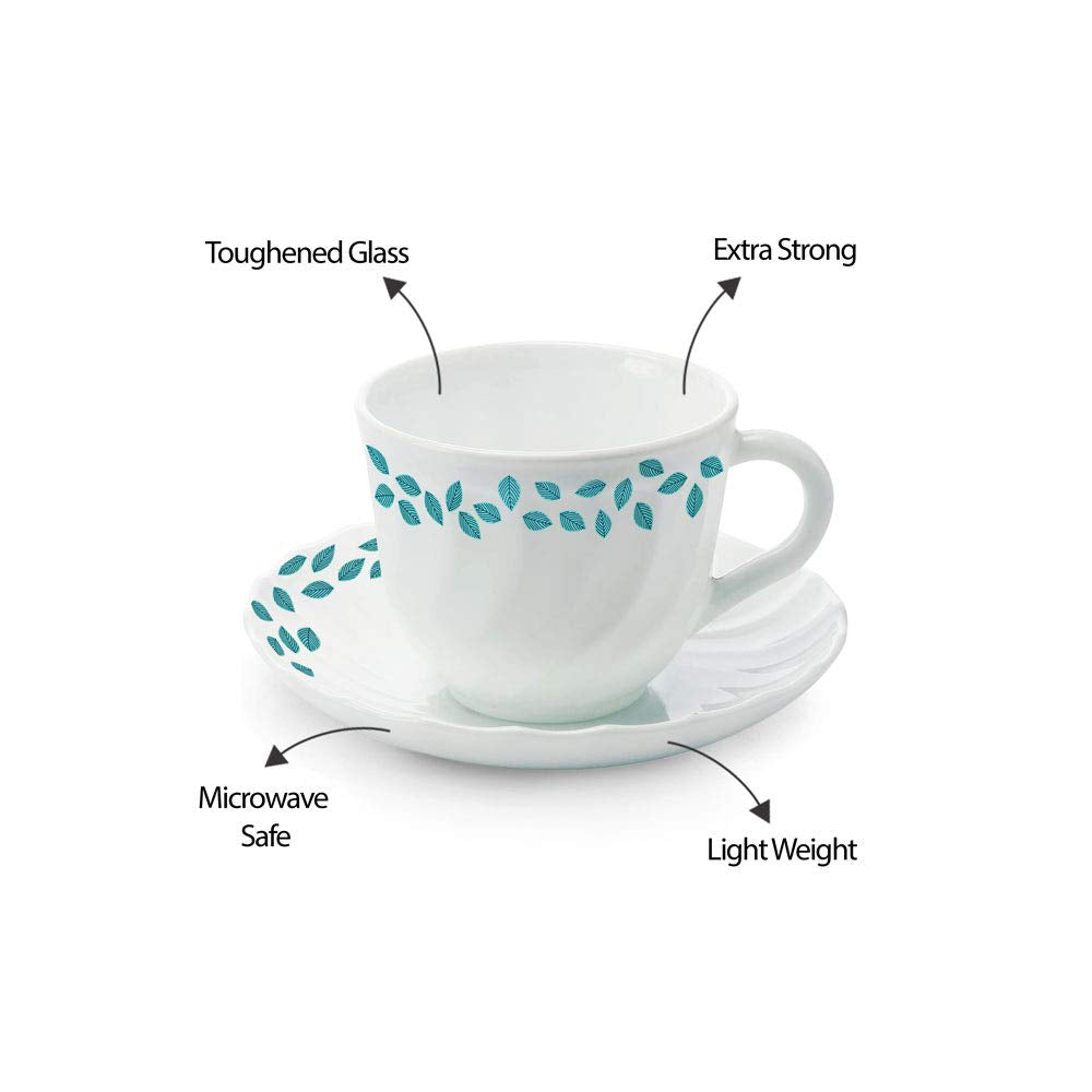 Blue Leaves Opalware Cup and Saucer Set of 12 Pcs, Tea/coffee Cups, 220 ml Each