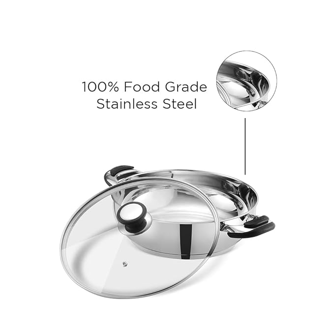 Stainless Steel Kadhai with Glass Lid 1.7 L (20 cm), 6.2 mm Thick, Kadhai for Deep Frying - 6.2 mm Thick - Design 2