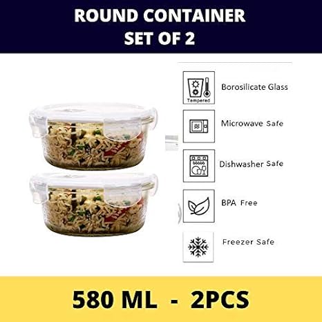 Borosilicate Glass Containers for Kitchen, Storage Box for Kitchen With Air Vent Lid, Set of 2 - 580 ml Each