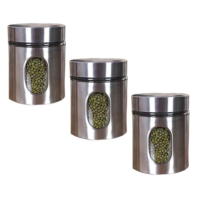 Kitchen Storage Jars Steel Body With See Through Window Jar, 300 ml, Pack of 3