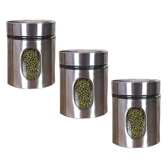 Kitchen Storage Jars Steel Body With See Through Window Jar, 300 ml, Pack of 3