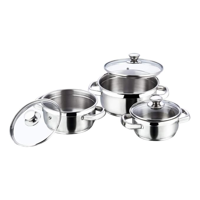 Stainless Steel Saucepot Set of 3 with Glass Lid, 2.5 mm Thick Base, Riveted Sturdy Handle