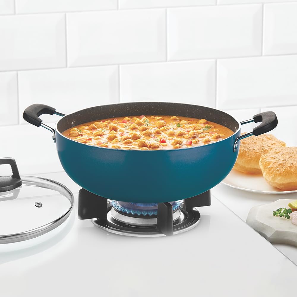 Non-stick Aluminum Kadhai With Lid 22 cm, 5 Layer Nonstick Coating