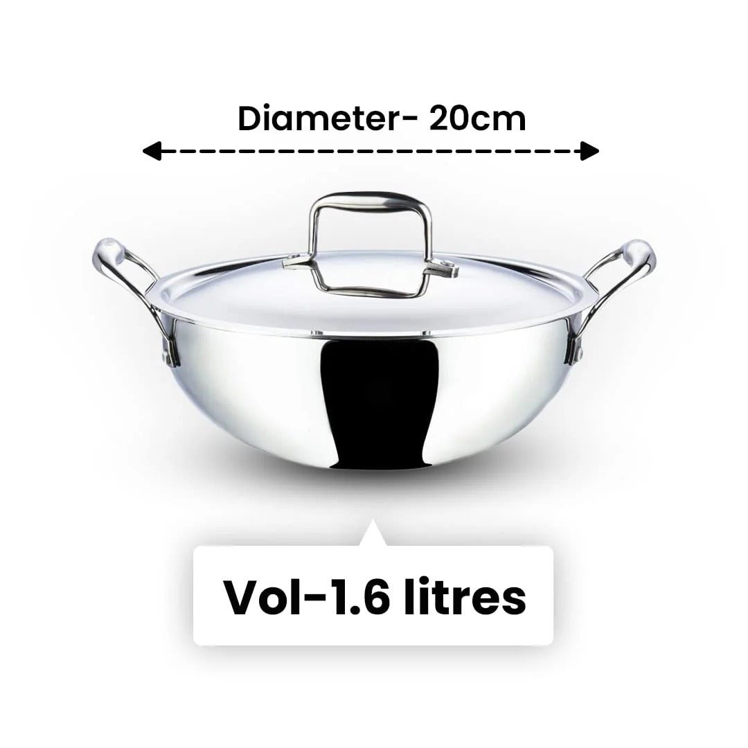 Tri-Ply Stainless Steel Kadhai 1.6L with Lid Induction 20 cm Silver