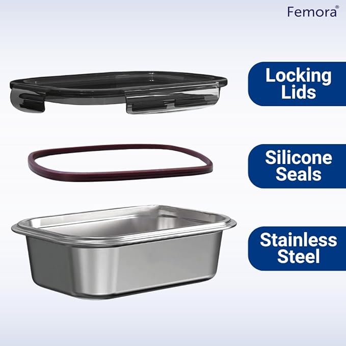 High Steel Square Container Airtight Leakproof Unbreakable Storage Container/ Lunch Box, 850 ml, Set of 2