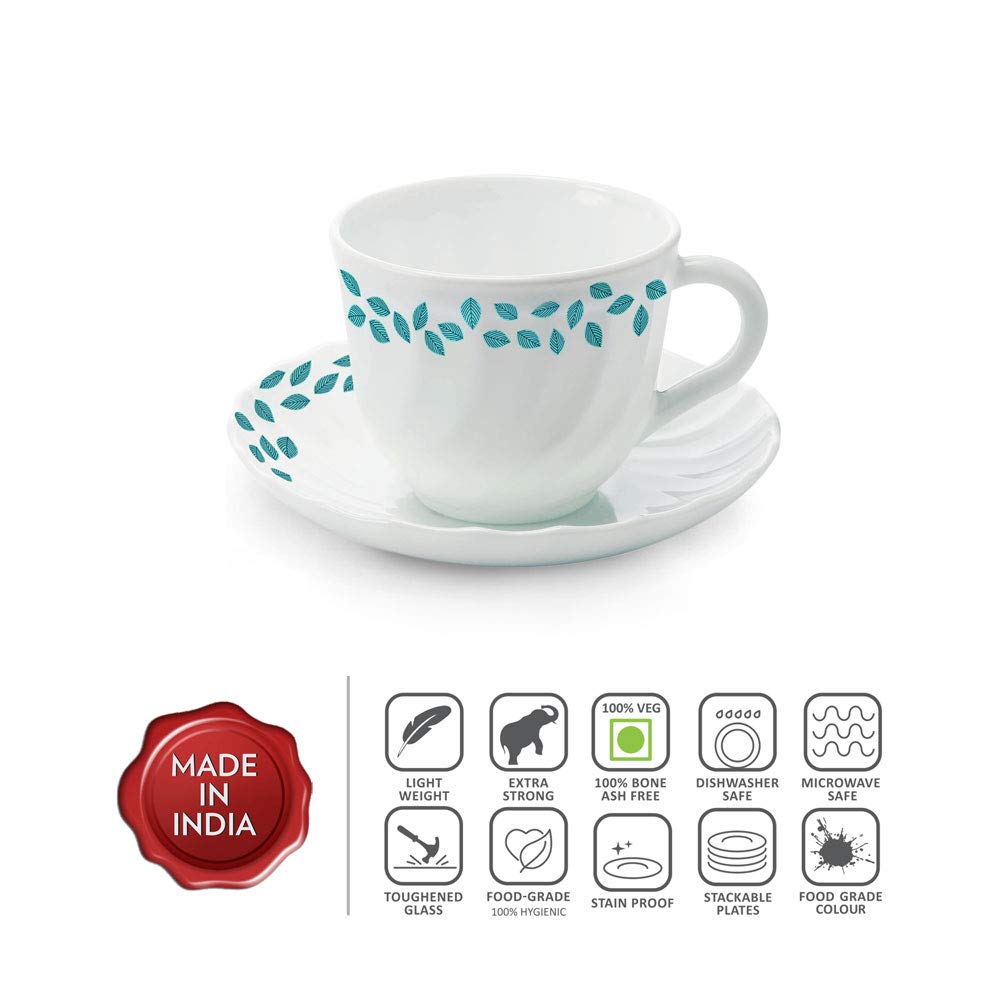 Blue Leaves Opalware Cup and Saucer Set of 12 Pcs, Tea/coffee Cups, 220 ml Each