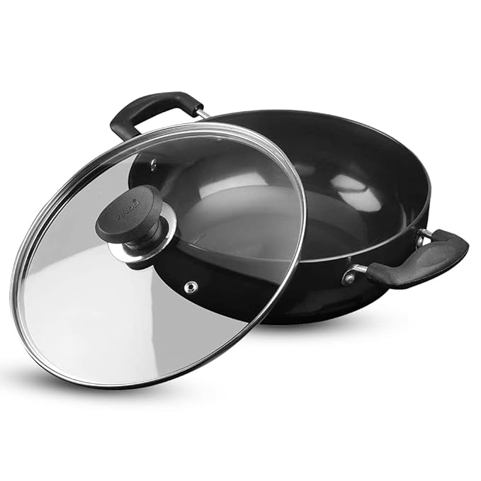 Plus Hard Anodised Deep Kadhai with Lid - 4.1 L, 26 cm, 3.25 mm Thick, Natural Stick Free Kadai