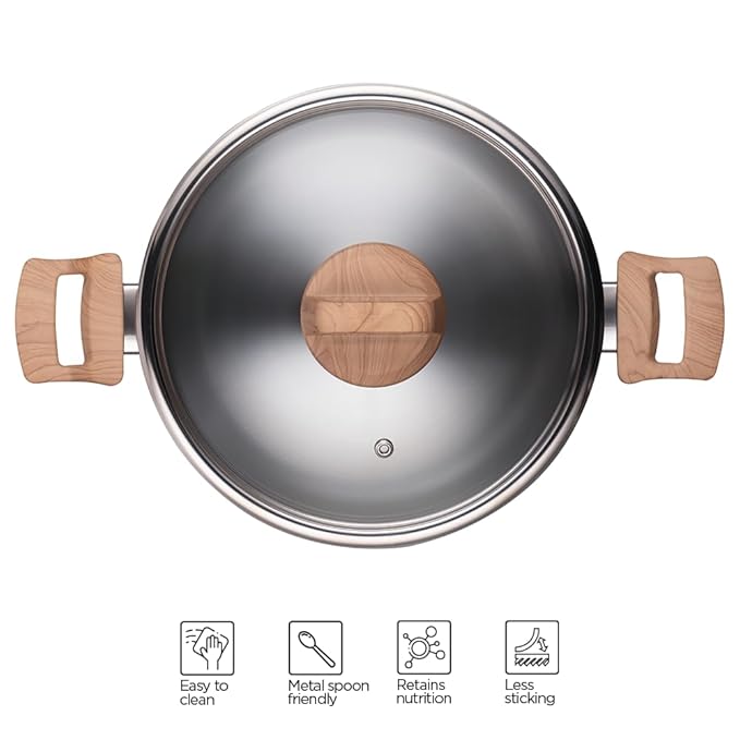 Stainless Steel Triply Pot With Glass Lid, 25 cm, 5 L, Wood Finished Handle, Induction & Gas Base