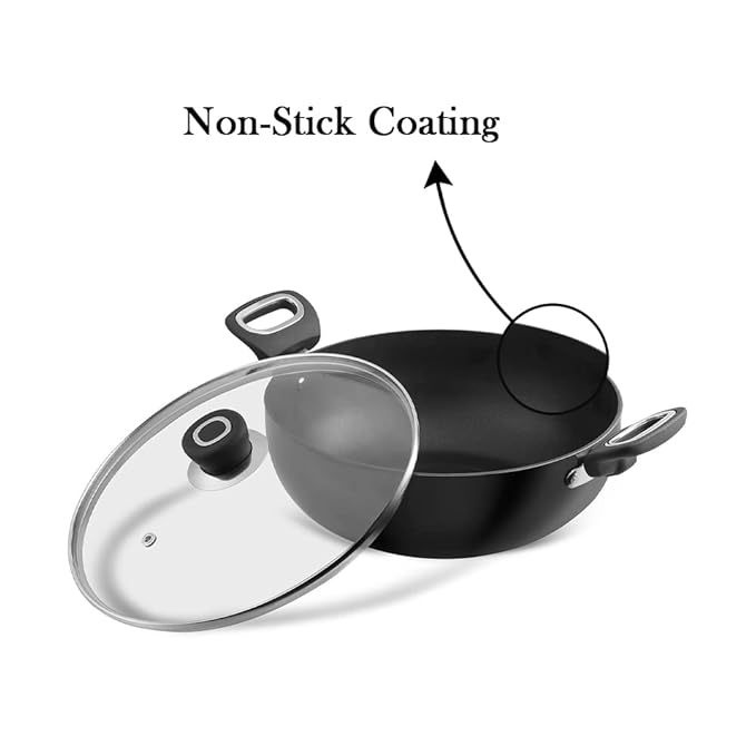 Hard Anodised Non Stick Deep Kadhai with Glass lid - 4.1 L, 26 cm, 3.25 mm Thick, 5X Non Stick
