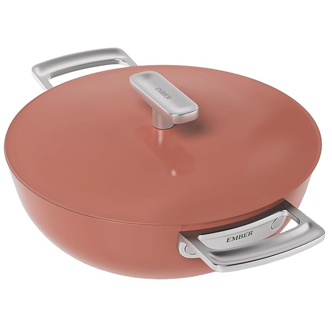 Ceramic Non Stick Kadai 24 cm, Metallic Lid, Stainless Steel Handles,, Terracotta