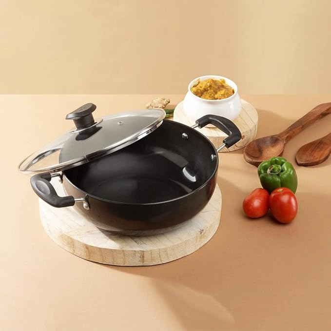 Plus Hard Anodised Deep Kadhai with Lid - 4.1 L, 26 cm, 3.25 mm Thick, Natural Stick Free Kadai