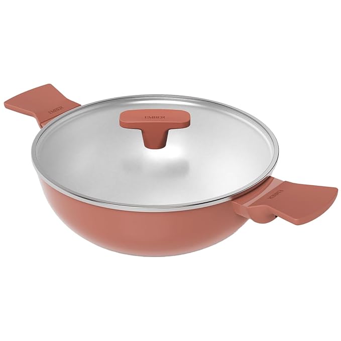 Ceramic Non Stick Kadai 24 cm, Glass Lid, Matching Handles,, Terracotta