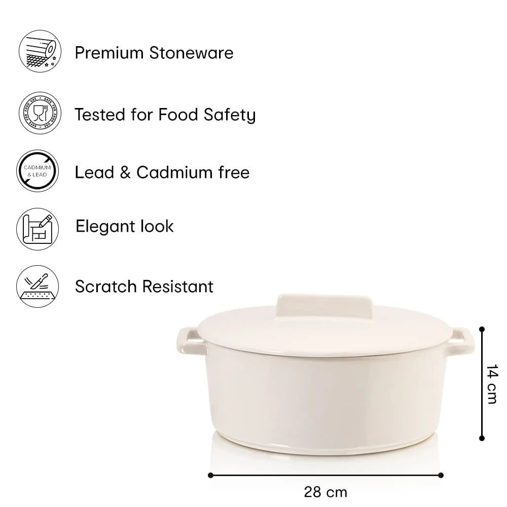 White Round Stoneware Casserole with Lid 3L Lead Cadmium Free Non-stick Oven to Table Microwave Dishwasher