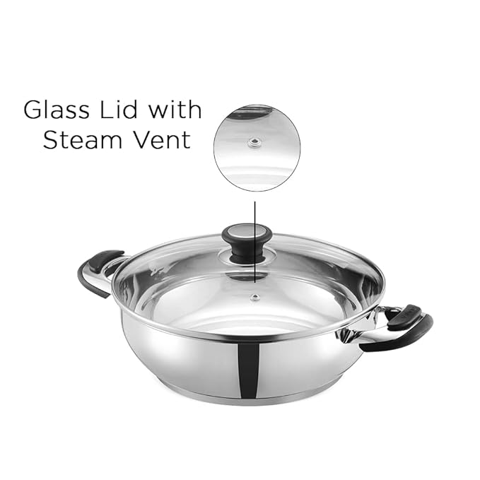 Stainless Steel Kadhai with Glass Lid 1.7 L (20 cm), 6.2 mm Thick, Kadhai for Deep Frying - 6.2 mm Thick - Design 2