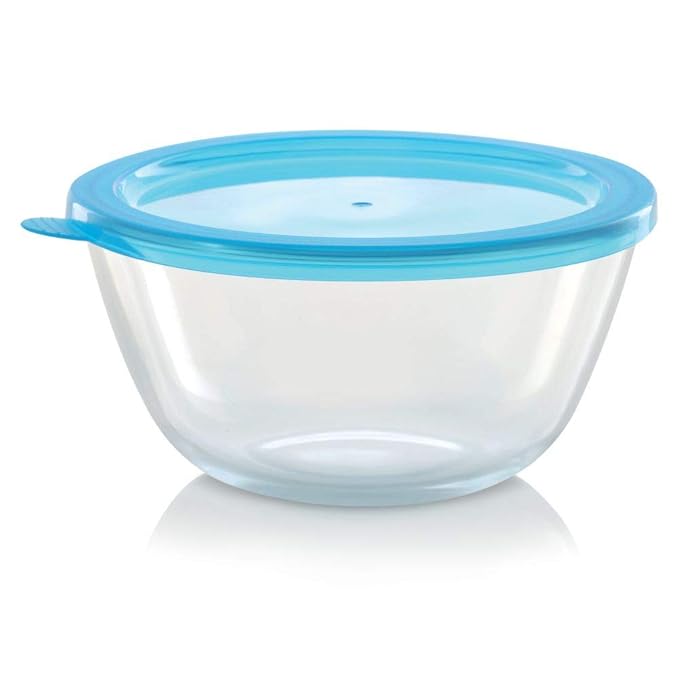 Glass Mixing & Serving Bowl With Blue Lid, Oven & Microwave Safe Bowl, 500 ml, Borosilicate Glass