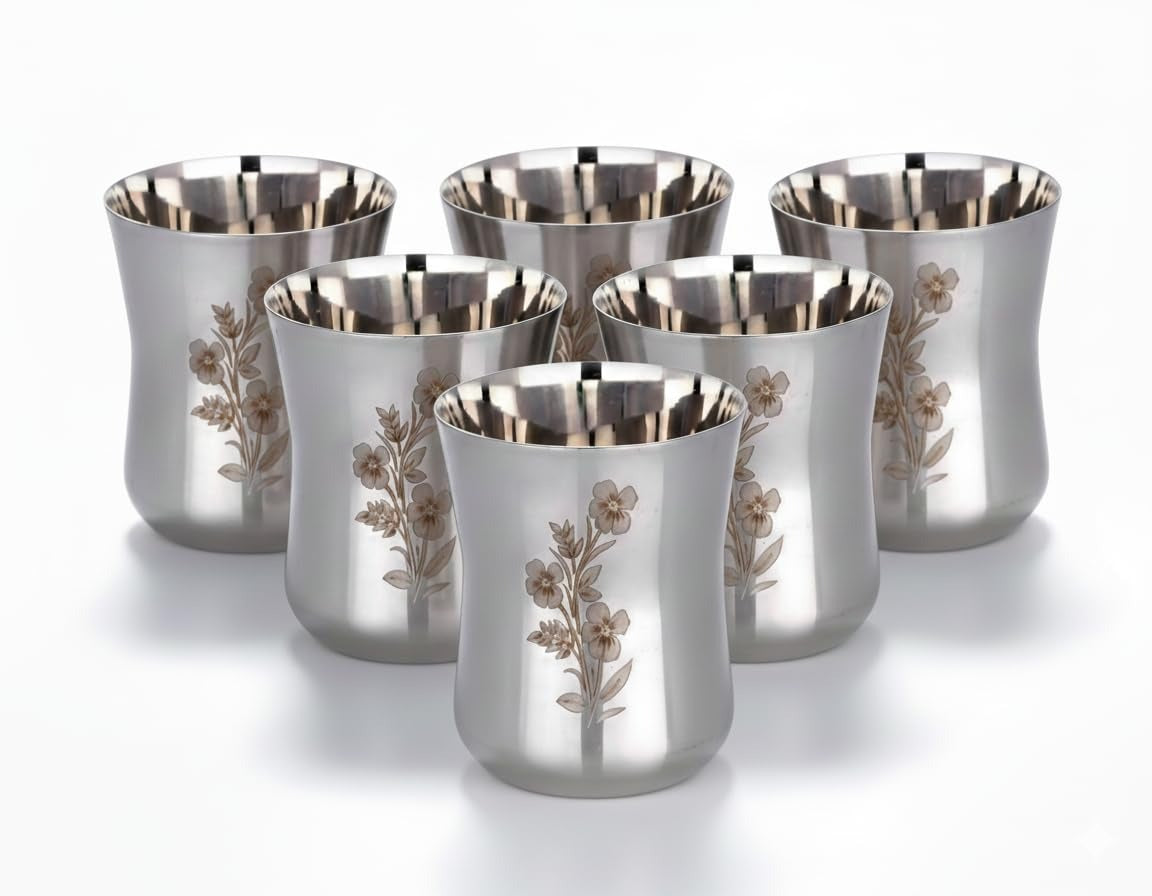 Stainless Steel Water Glasses Pari Design with Laser Flower Design - 350 ml Damru