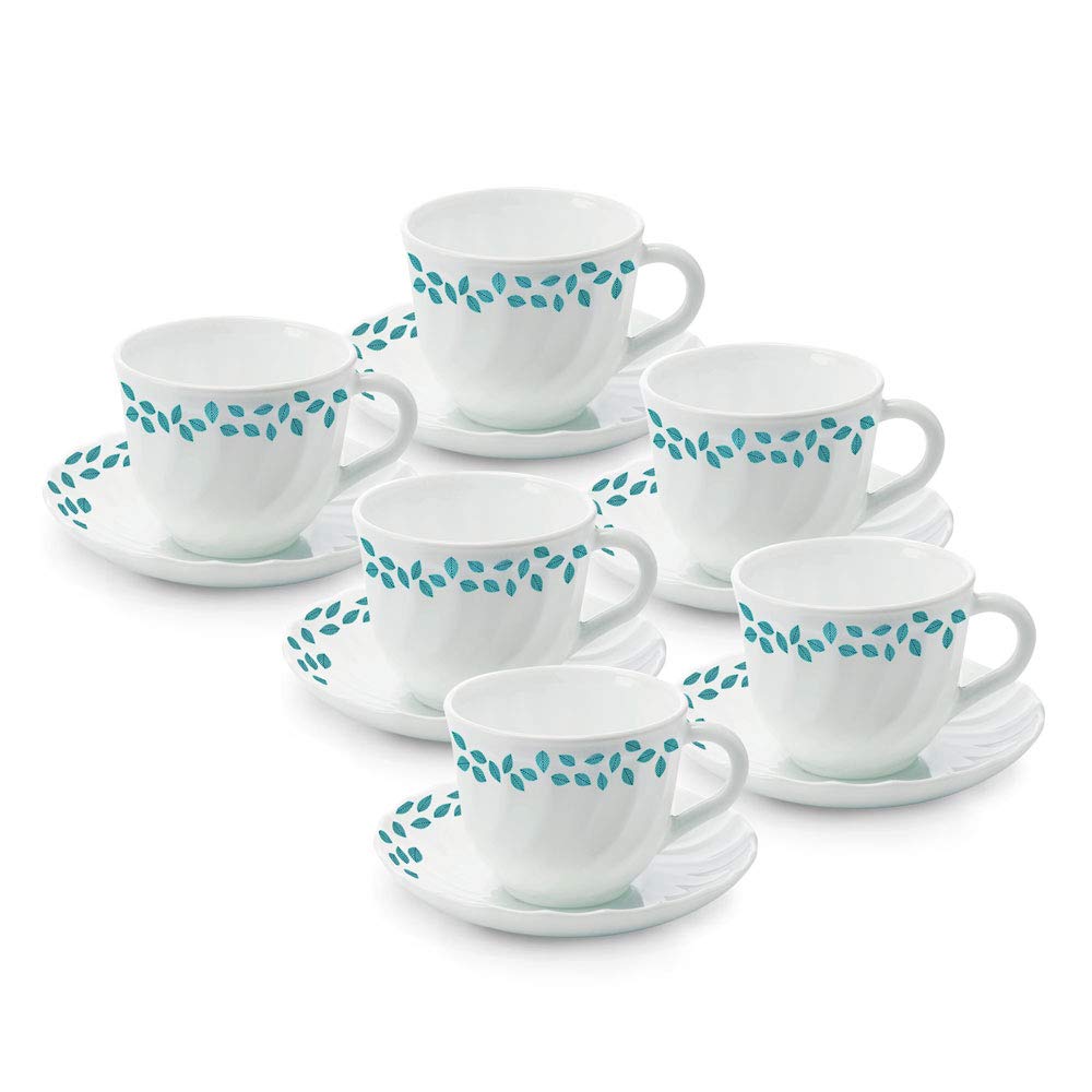 Blue Leaves Opalware Cup and Saucer Set of 12 Pcs, Tea/coffee Cups, 220 ml Each