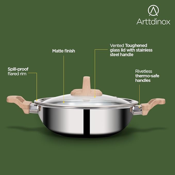 Triply Stainless Steel Kadai, Triply Kadhai With Lid, 24 cm, 2.7 L, Jindal Stainless, Silver
