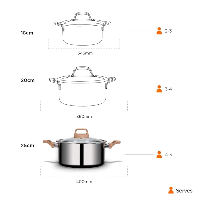Stainless Steel Triply Pot With Glass Lid, 25 cm, 5 L, Wood Finished Handle, Induction & Gas Base