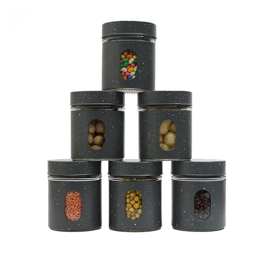 Carbon Steel Jar for Kitchen Storage With Clear Glass Window and Carbon Steel Lid, 300 ml, 6 Pieces Set