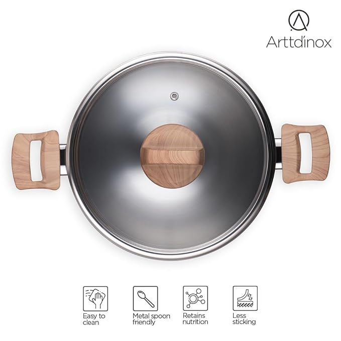 Triply Stainless Steel Kadai, Steel Kadai for Cooking, Triply Kadai With Lid, 22 cm, 2.1 L, Silver