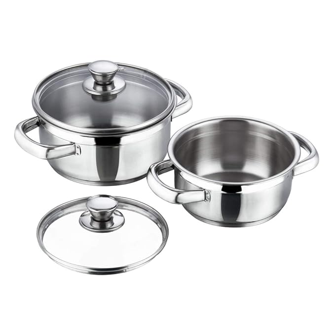Stainless Steel Saucepot Set of 2 with Glass Lid, 2.5 mm Thick Base, Riveted Sturdy Handle