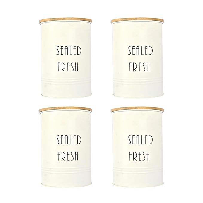 Kitchen Storage Jars Tin Jar With Wooden Lid Air Tight Jar, 900 ml, Set of 4