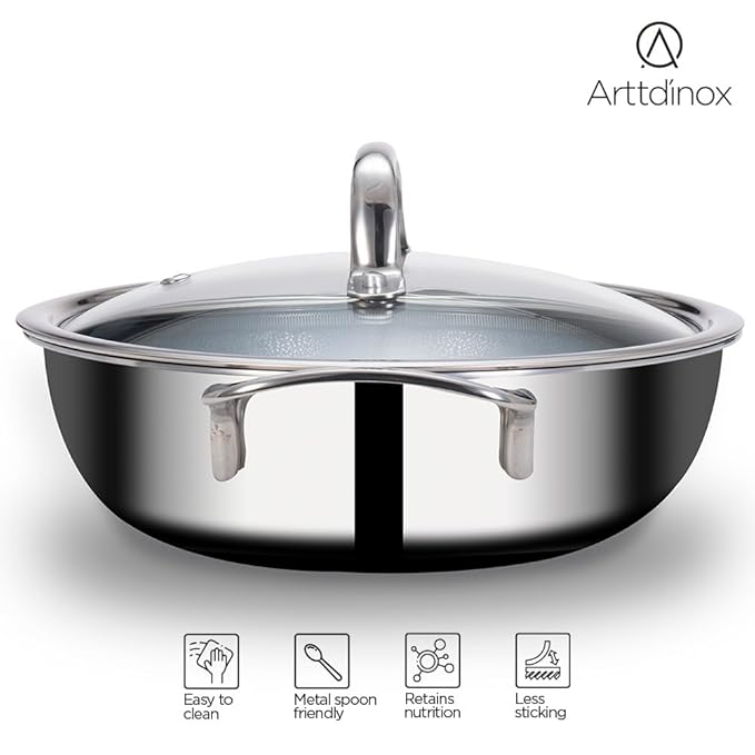 Triply Stainless Steel Kadhai With Lid, Non Stick Kadai, 24 cm, 2.7 L, Silver