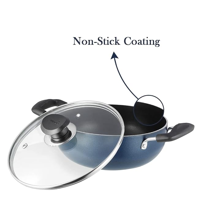 Aluminium Non Stick Deep Kadhai with Glass Lid - 1.4 L, 18 cm, 3 Layer Ceramic Coating, 3 mm Thick