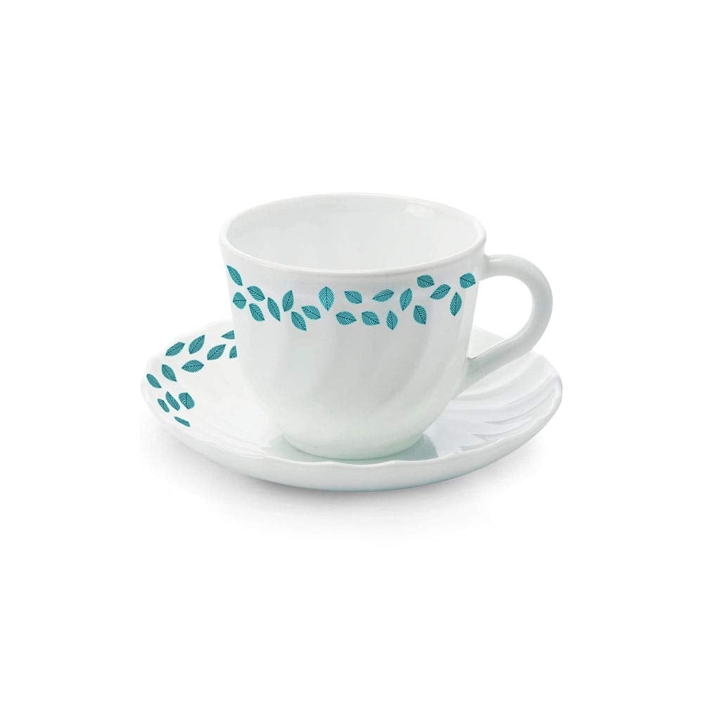 Blue Leaves Opalware Cup and Saucer Set of 12 Pcs, Tea/coffee Cups, 220 ml Each