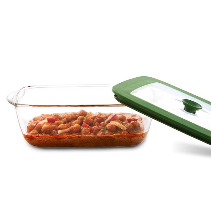 Microwave Safe and Oven Safe Square Glass Baking Dish With Green Lid, 1 Count, Transparent