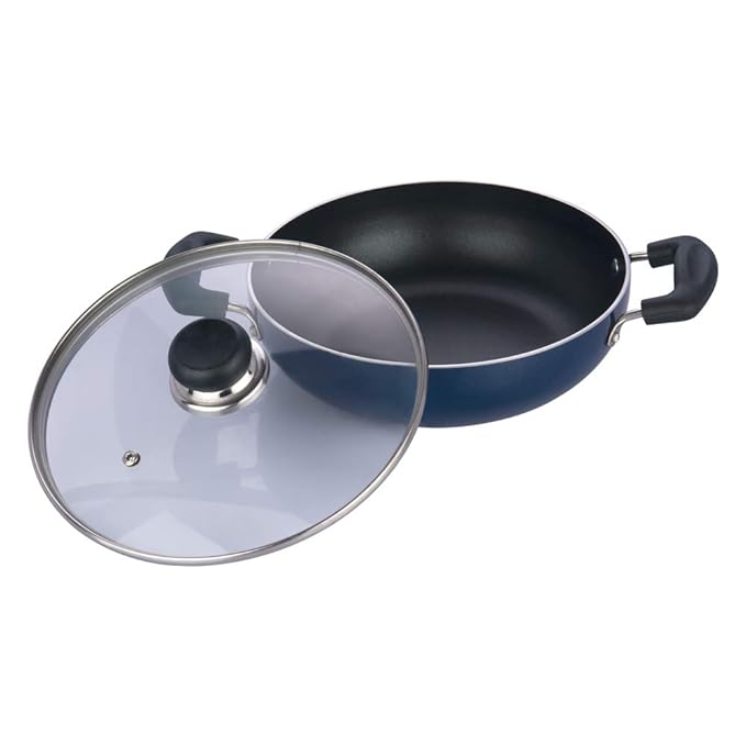 Aluminium Non Stick Deep Kadhai with Glass Lid - 2 L, 20 cm, 3 Layer Ceramic Coating, 3 mm Thick