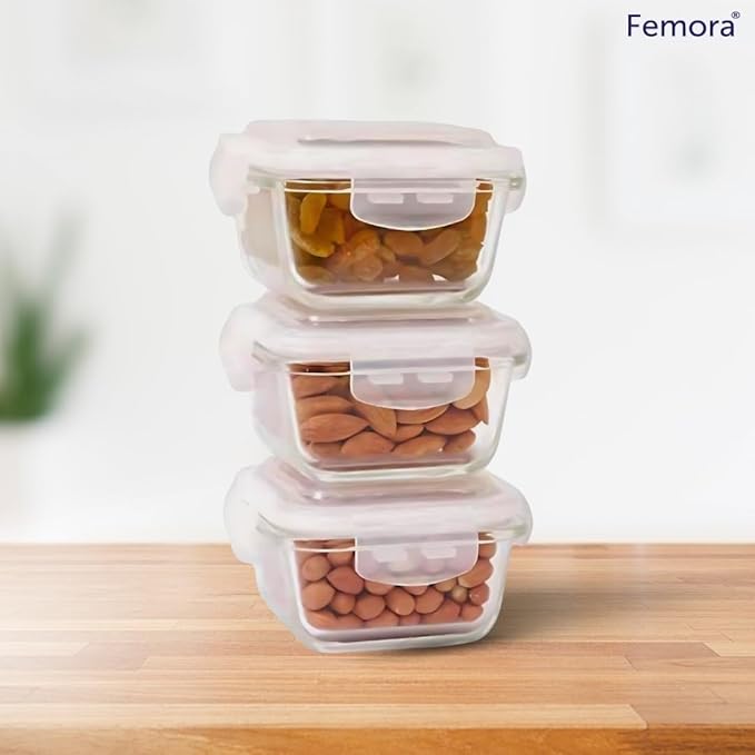 Borosilicate Glass Containers for Kitchen, Storage Box for Kitchen With Air Vent Lid, Set of 3, 180 ml