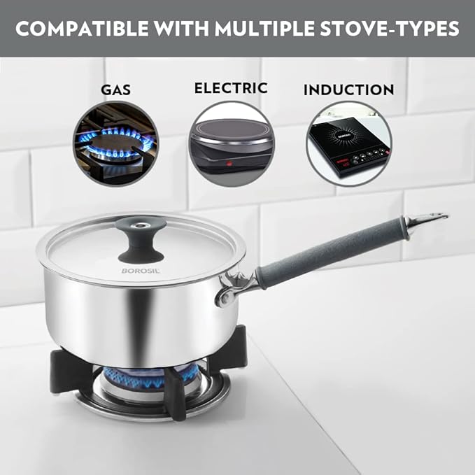 Tri-ply Stainless Steel Sauce Pan With Lid, Induction Friendly Tea Pan, 2.2 L, 18 cm