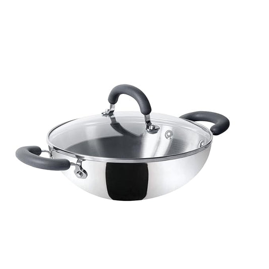 Trivantage Nickel Free Stainless Steel Triply Kadai with Steel Lid, 20 cm Silver