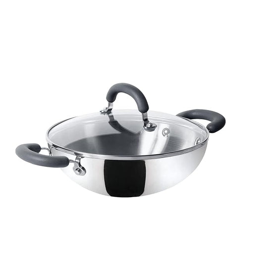 Trivantage Nickel Free Stainless Steel Triply Kadai with Steel Lid 30 cm Silver