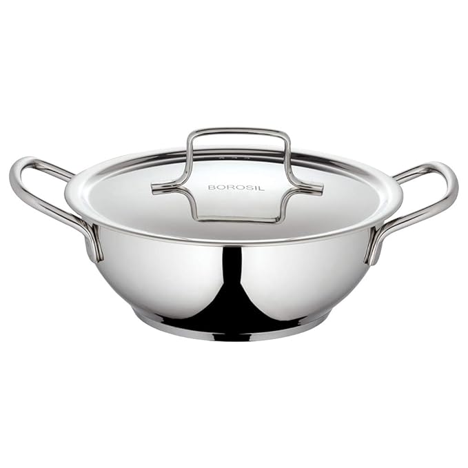 Stainless Steel Kadhai With Lid, Induction Friendly, Impact Bonded Tri-ply Bottom, 2.3 L, 22 cm