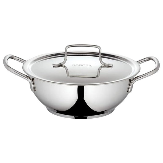 Stainless Steel Kadhai With Lid, Induction Friendly, Impact Bonded Tri-ply Bottom, 2.3 L, 22 cm
