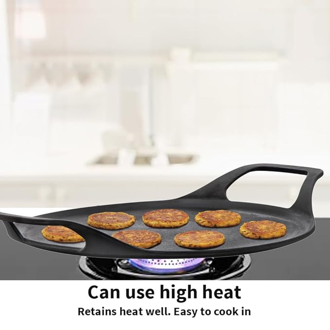 27 cm Cast Iron Dosa Tava, Pre-seasoned Flat Tawa for Roti Black