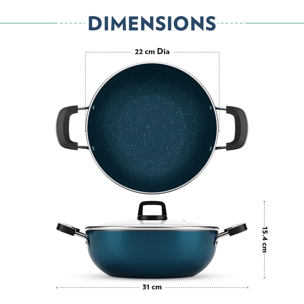 Non-stick Aluminum Kadhai With Lid 22 cm, 5 Layer Nonstick Coating