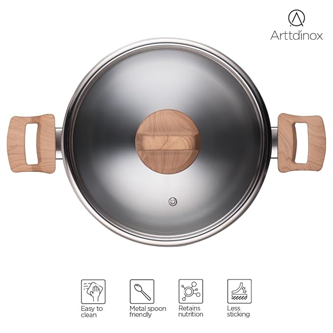 Stainless Steel Triply Pot With Glass Lid for Biryani, 20 cm, 3 L, Wood Finished Handle