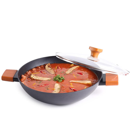 Forged Virgin Aluminium Kadhai With Glass Lid, 24 cm, Black, Greblon C3 Non-stick Coating