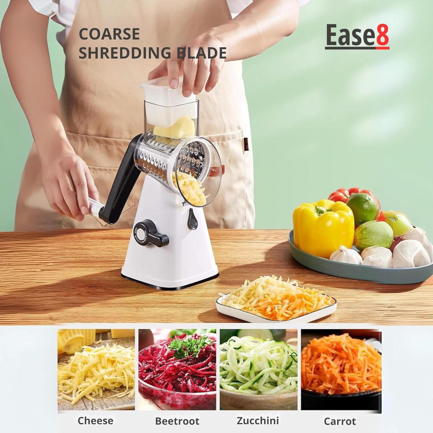 3 in 1 Rotary Cheese Grater – Multifunctional Slicer and Shredder with Easy-to-Swap Stainless Steel Interchangeable Rotating Drum Blades for Effortless Kitchen Prep Tool