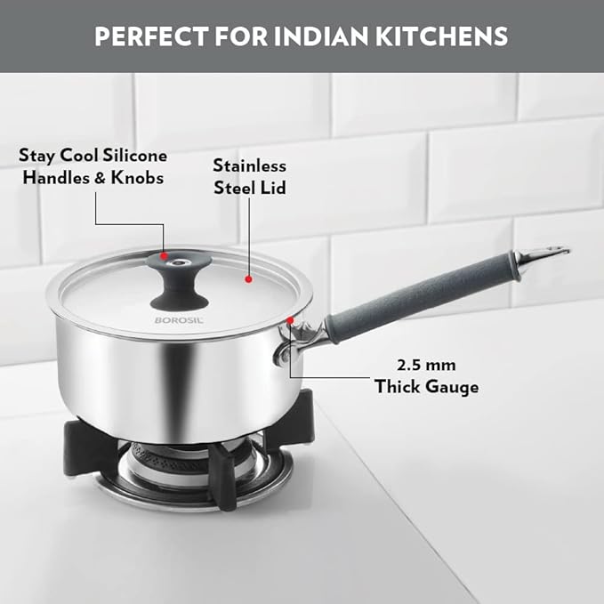 Tri-ply Stainless Steel Sauce Pan With Lid, Induction Friendly Tea Pan, 2.2 L, 18 cm