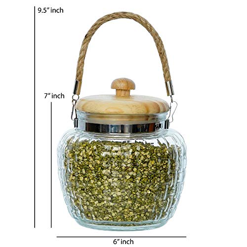 Kitchen Storage Jars Embossed Glass Jar With Wooden Lid & Jute Chain Air Tight Jar, 1500 ml, Pack of 2