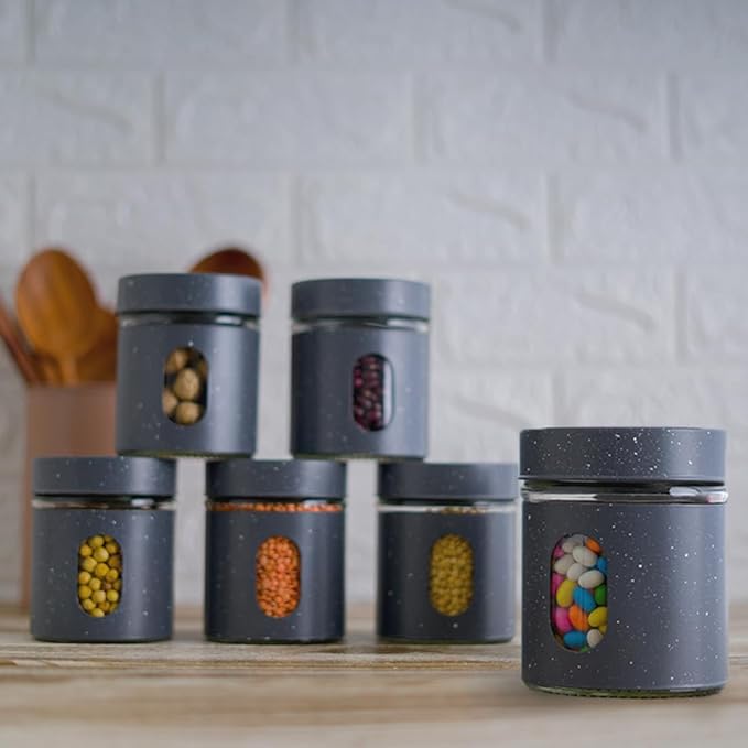 Carbon Steel Jar for Kitchen Storage With Clear Glass Window and Carbon Steel Lid, 300 ml, 3pc Set
